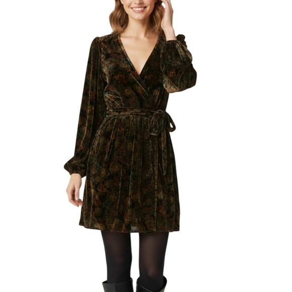 Slate & Willow Brown Floral Velvet Tie Dress Long Sleeve V-Neck Size S - Picture 1 of 11